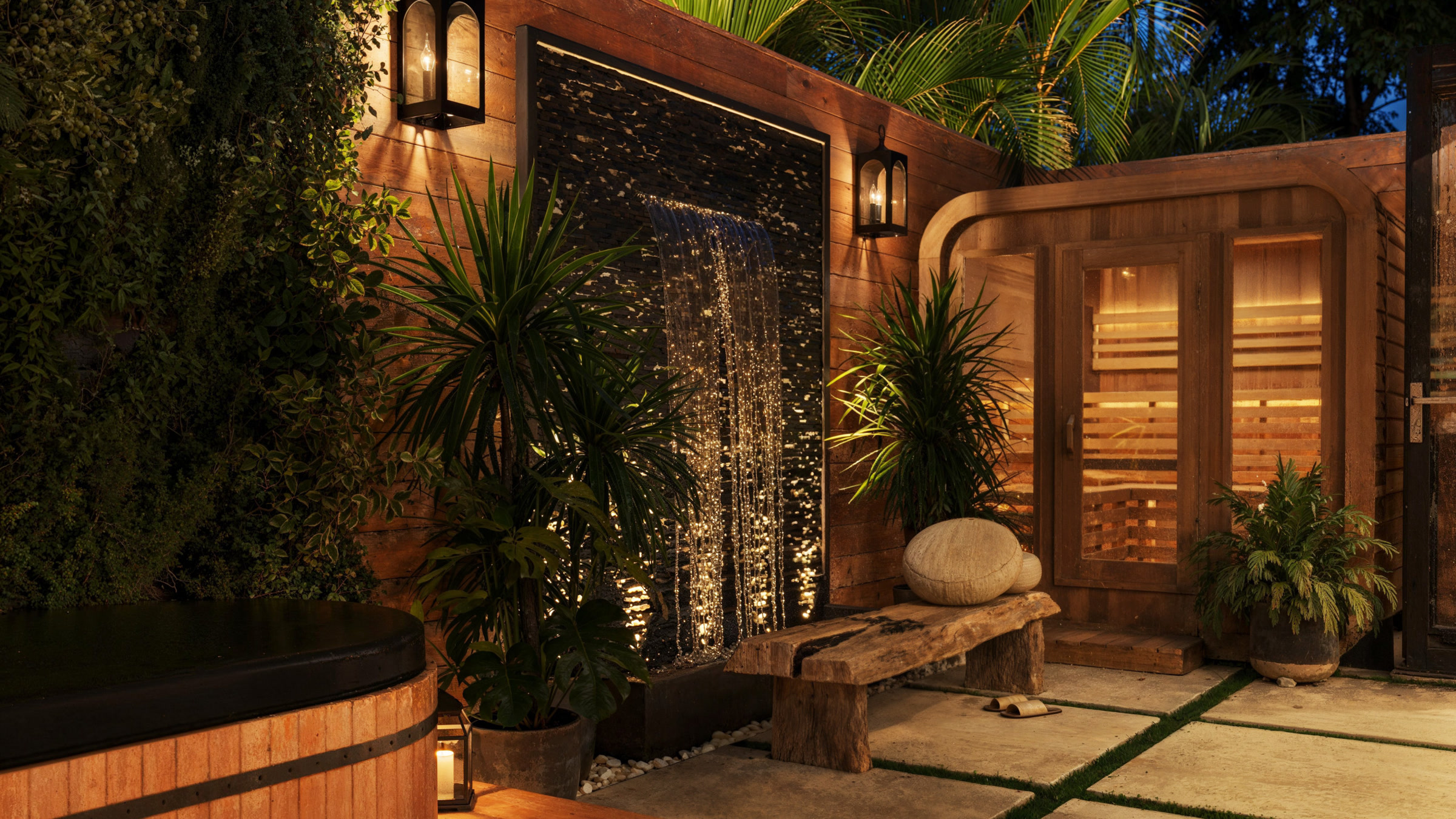 A garden retreat lit for the evening